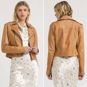 JKT NYC Piper Patina Leather Jacket Au Lait Tan Cropped Unlined Zippers Size XS